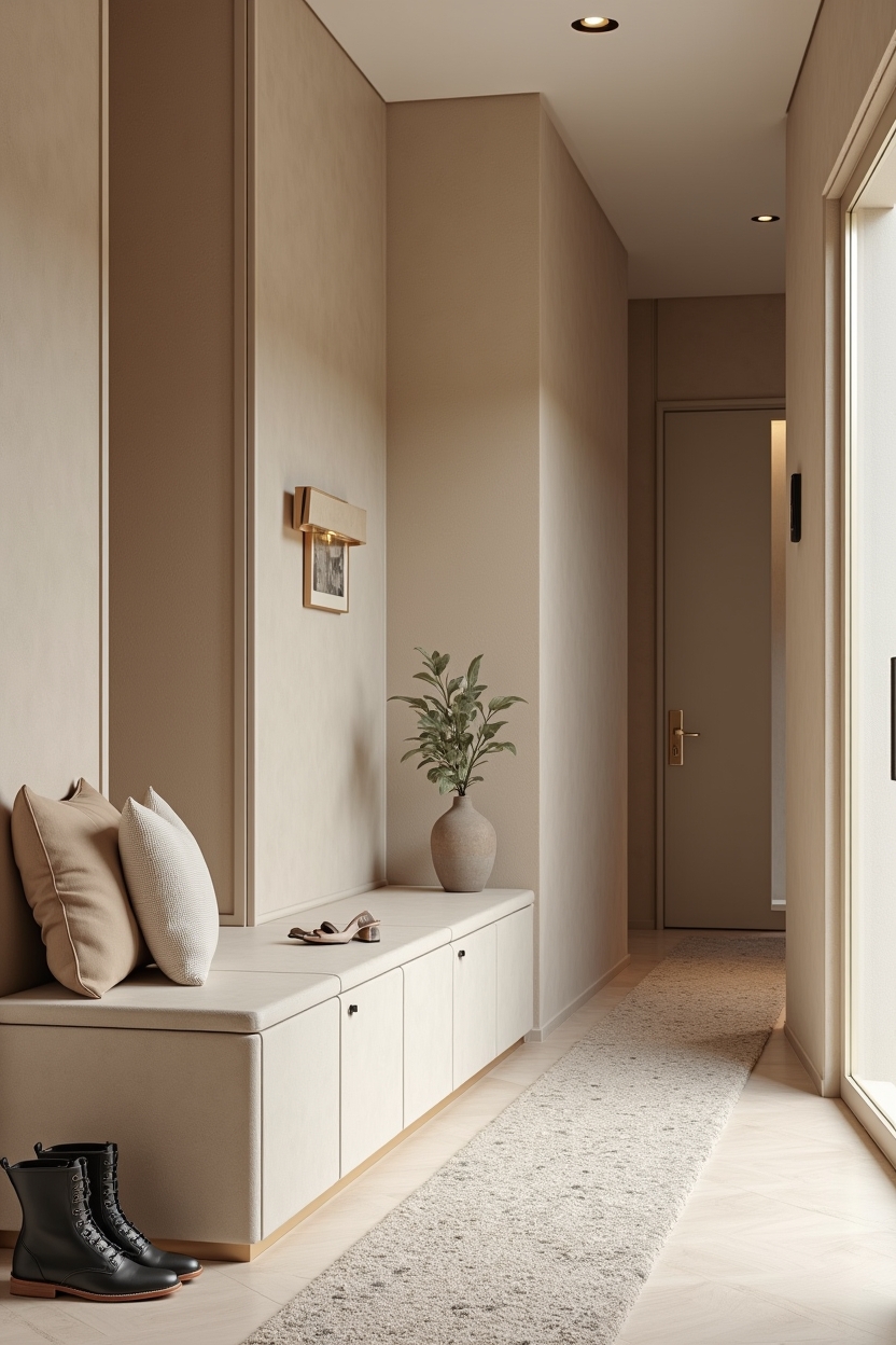 plaster narrow entryway ideas — leather-trimmed bench cushion featuring integrated plaster storage bench with hidden drawers