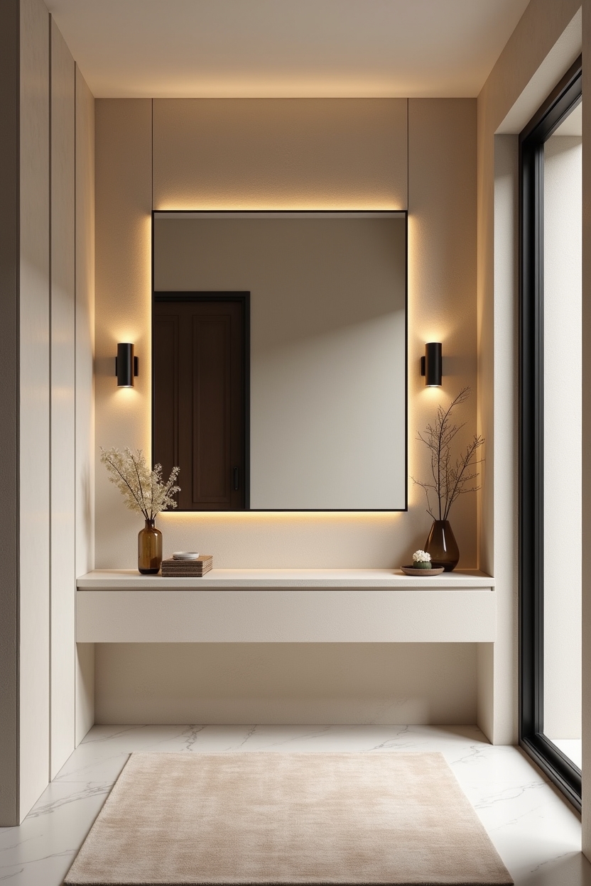 plaster narrow entryway ideas — floor-to-ceiling mirror framed by plaster reveal featuring full-height mirror with narrow plaster reveal