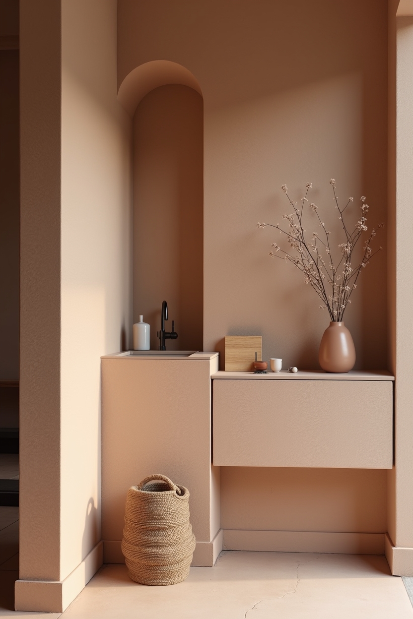plaster narrow entryway ideas — slim oak ledge with keys and a seasonal stem featuring hand-troweled clay plaster half-wall
