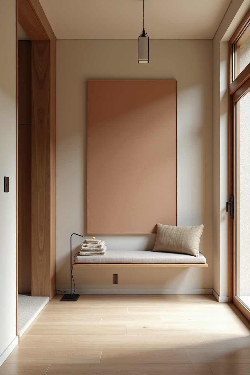 plaster narrow entryway ideas — deep pigmented plaster art panel above a slim console featuring oversized pigmented plaster art panel