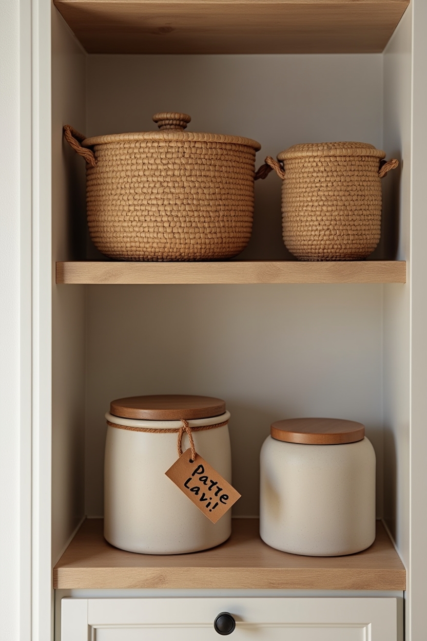 natural rattan shelf liners paired with coordinating woven storage bins in warm sand and cognac tones, styled alongside matte ceramic canisters with wooden lids and hand-lettered clay tags on leather cords home decor