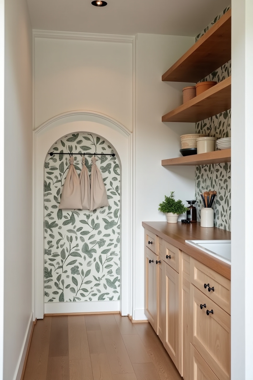 arched botanical peel-and-stick wallpaper covering the full back wall of a pantry, with curved tension rods installed along a side wall holding rows of labeled linen drawstring pouches home decor