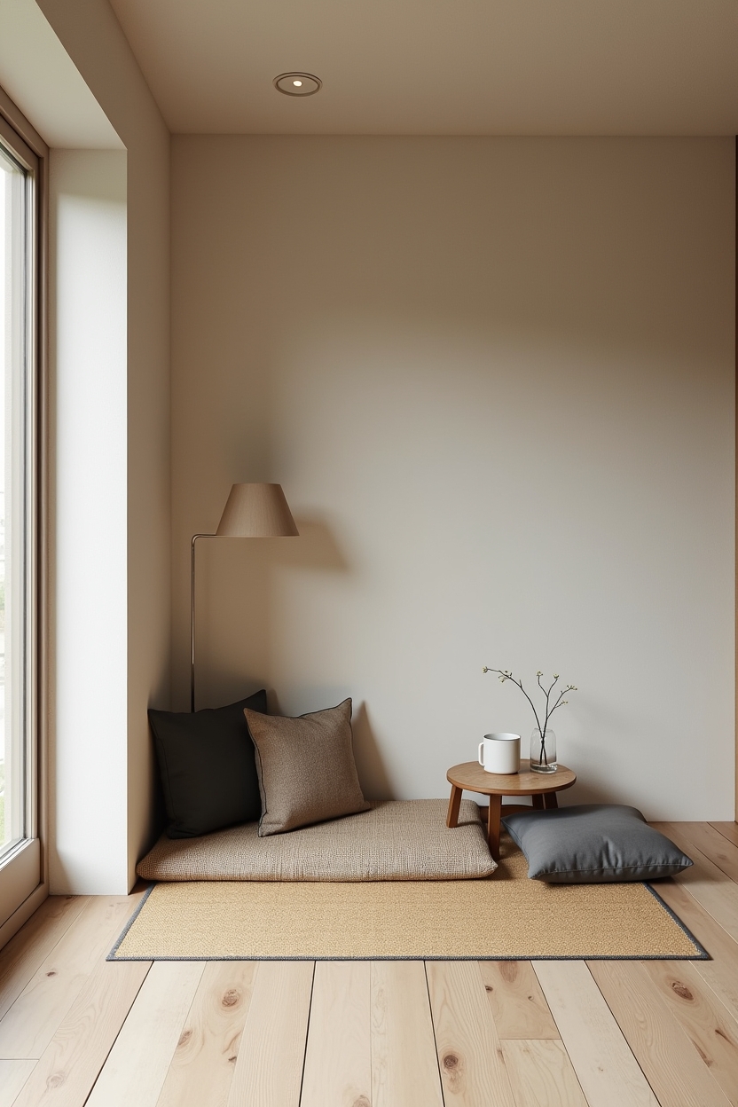 rectangular tatami-style woven straw mat insets framing a breakfast nook or tea corner home decor