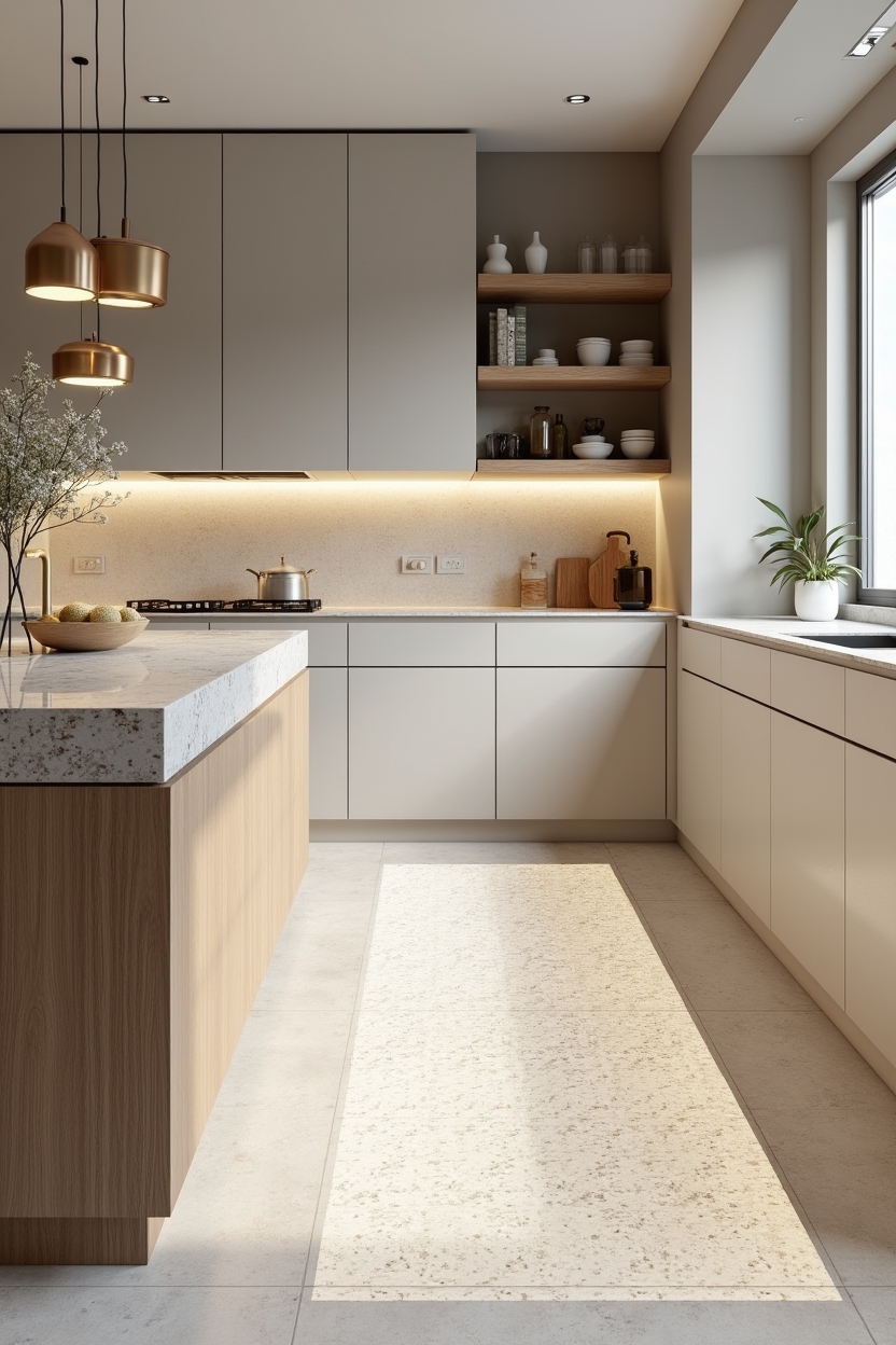 narrow pebble-textured resin path inset around island or sink (18–24 in wide) home decor