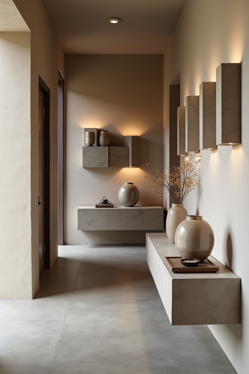 concrete entryway lighting ideas — floating console shelf with small vignette featuring polished concrete orb table lamp on slim brass stem