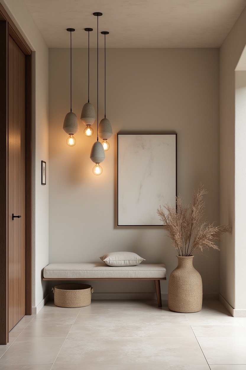 concrete entryway lighting ideas — low bench with basket and single wall art featuring cluster of miniature hand-finished concrete lanterns suspended at varied heights