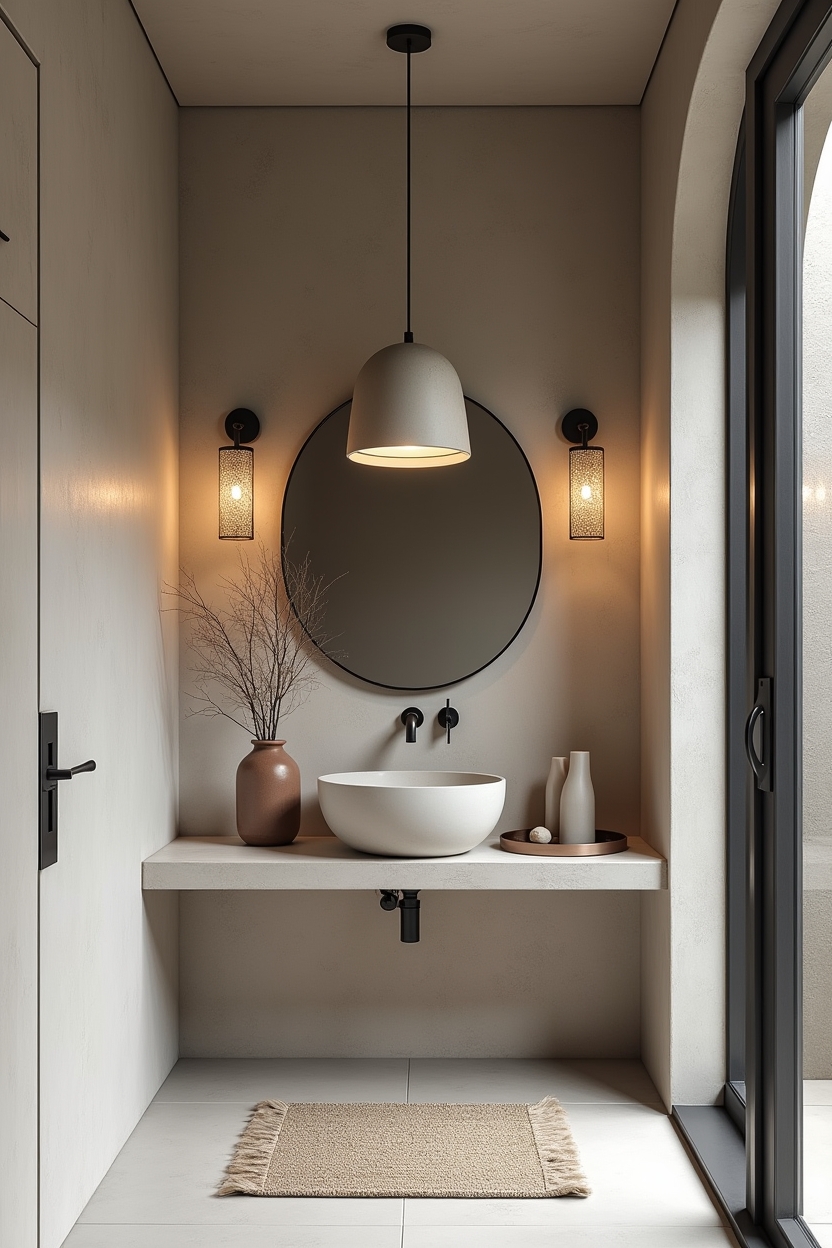 concrete entryway lighting ideas — narrow console table with oval mirror featuring raw-cast concrete pendant with visible pour seam