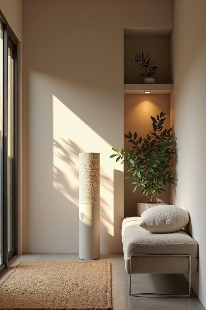 concrete entryway lighting ideas — bench with low cushion and planter beside it featuring perforated botanical concrete column lamp (light pattern projected)