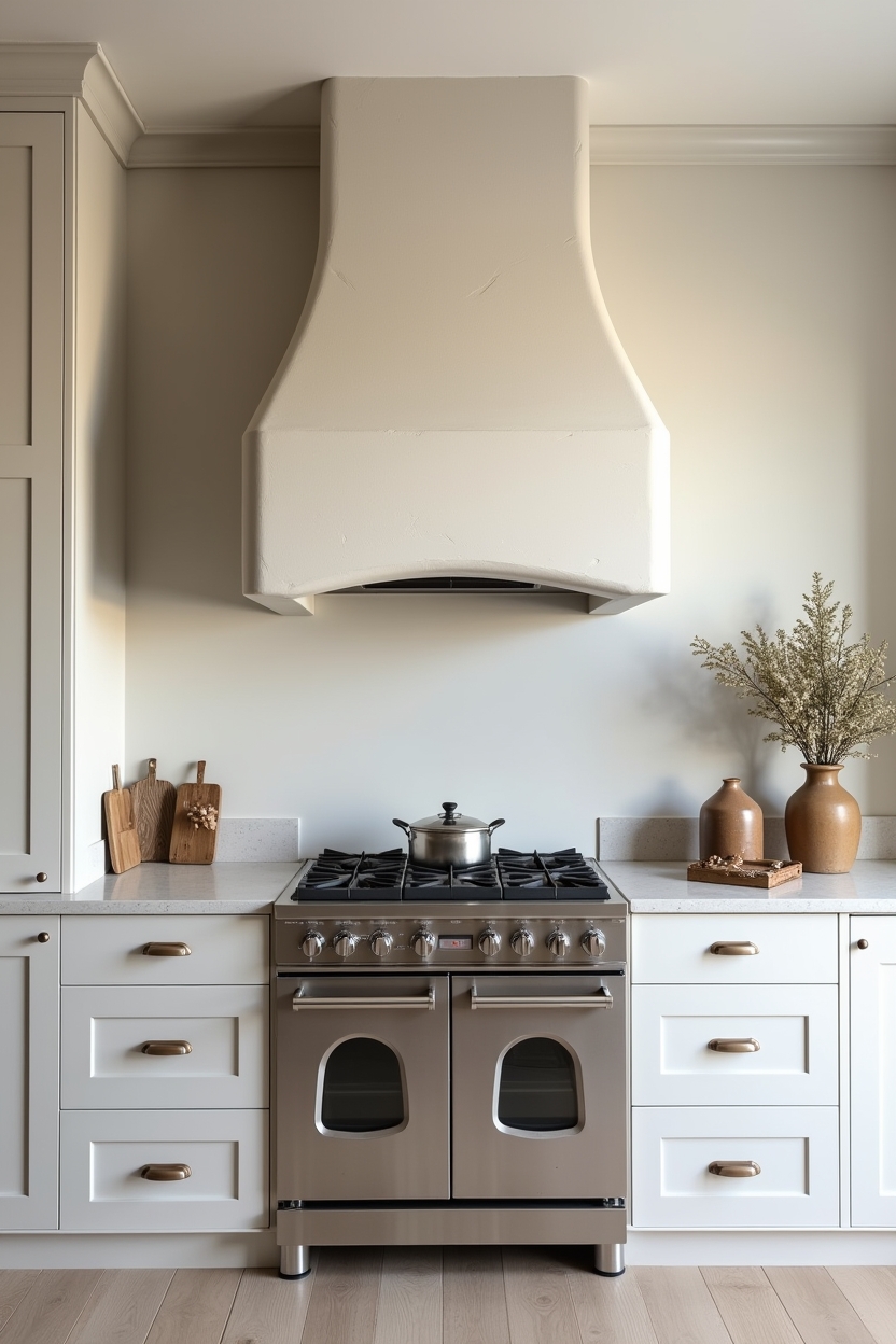 hand-shaped sculptural plaster hood in soft dove-gray above the range home decor