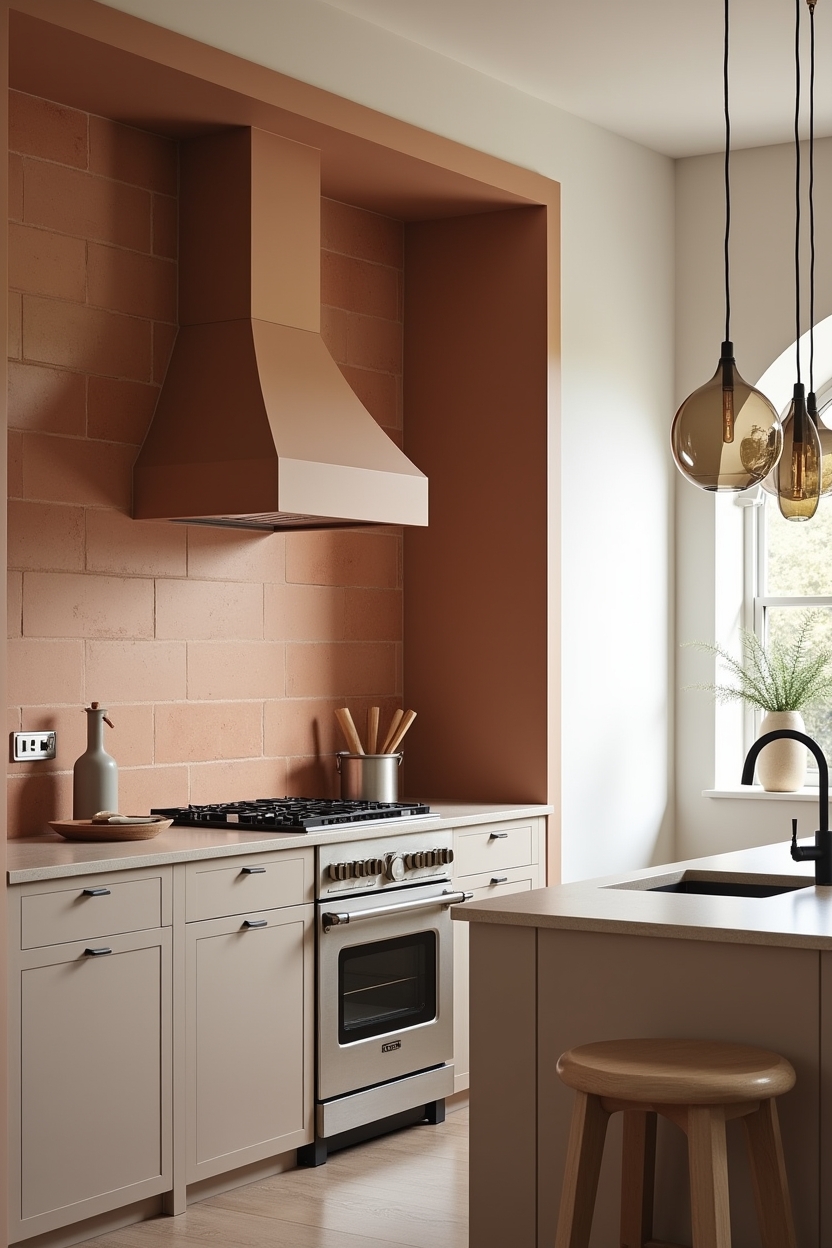 full‑height hand-slab terracotta tile backsplash with chalky uneven surface home decor