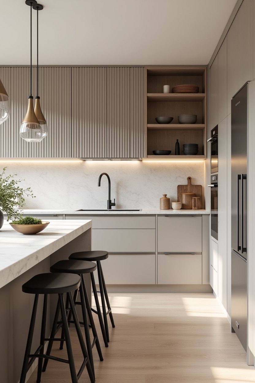 matte fluted Calacatta-effect island panels with integrated handleless drawers home decor