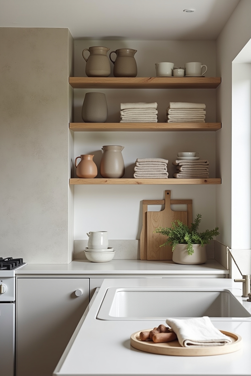 open pantry shelving vignette in monochrome stone and limed oak shelving with edited styling home decor