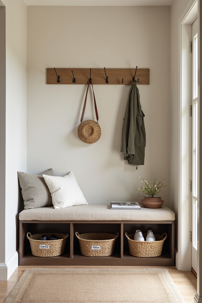 spring fresh entryway bench ideas — two-tone storage bench with cane cubbies featuring storage_trend