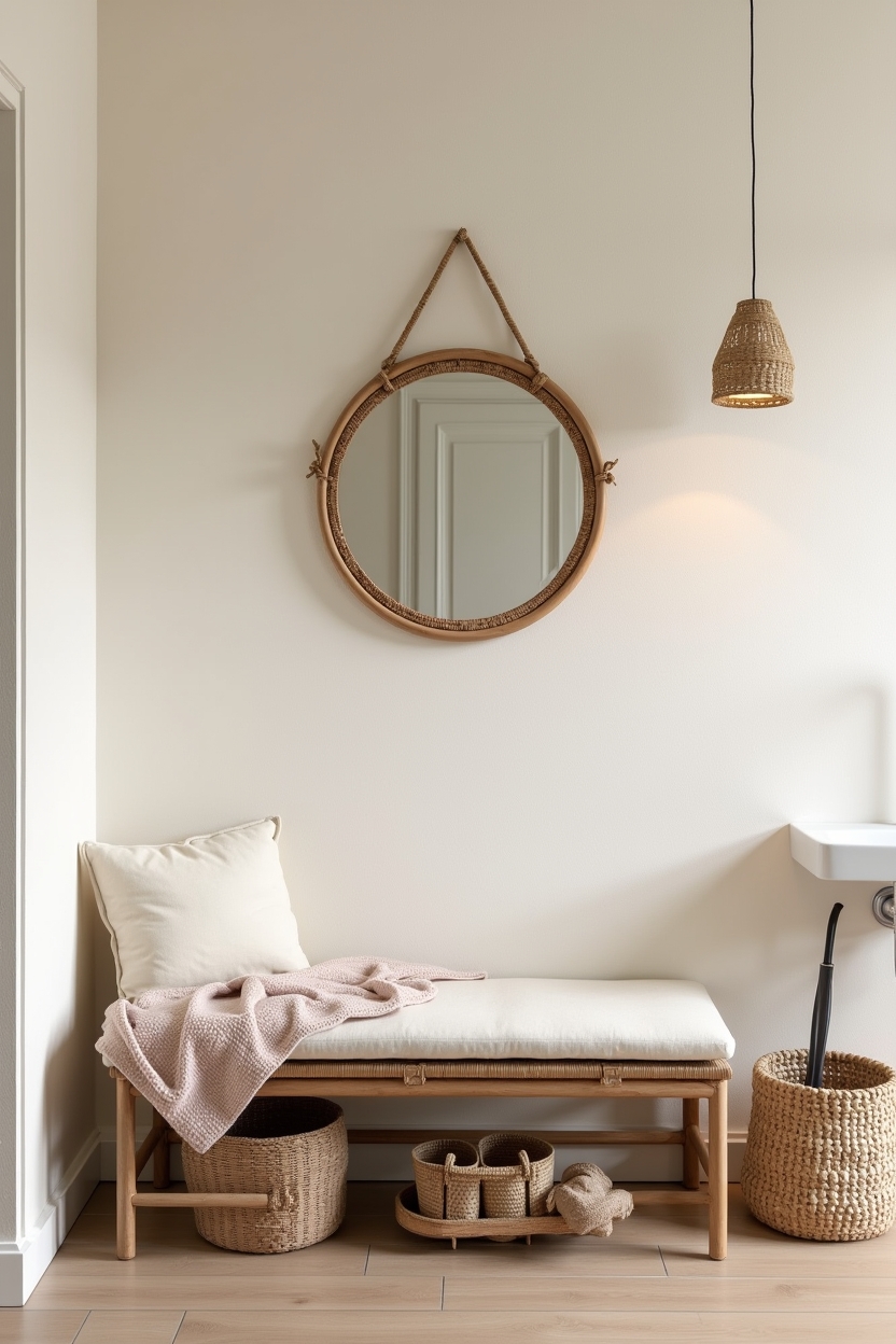 spring fresh entryway bench ideas — natural wicker bench with off-white linen cushion featuring material_accent