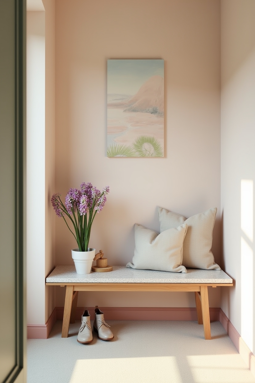 spring fresh entryway bench ideas — pastel-painted wooden bench (muted peach or sage) featuring color_palette