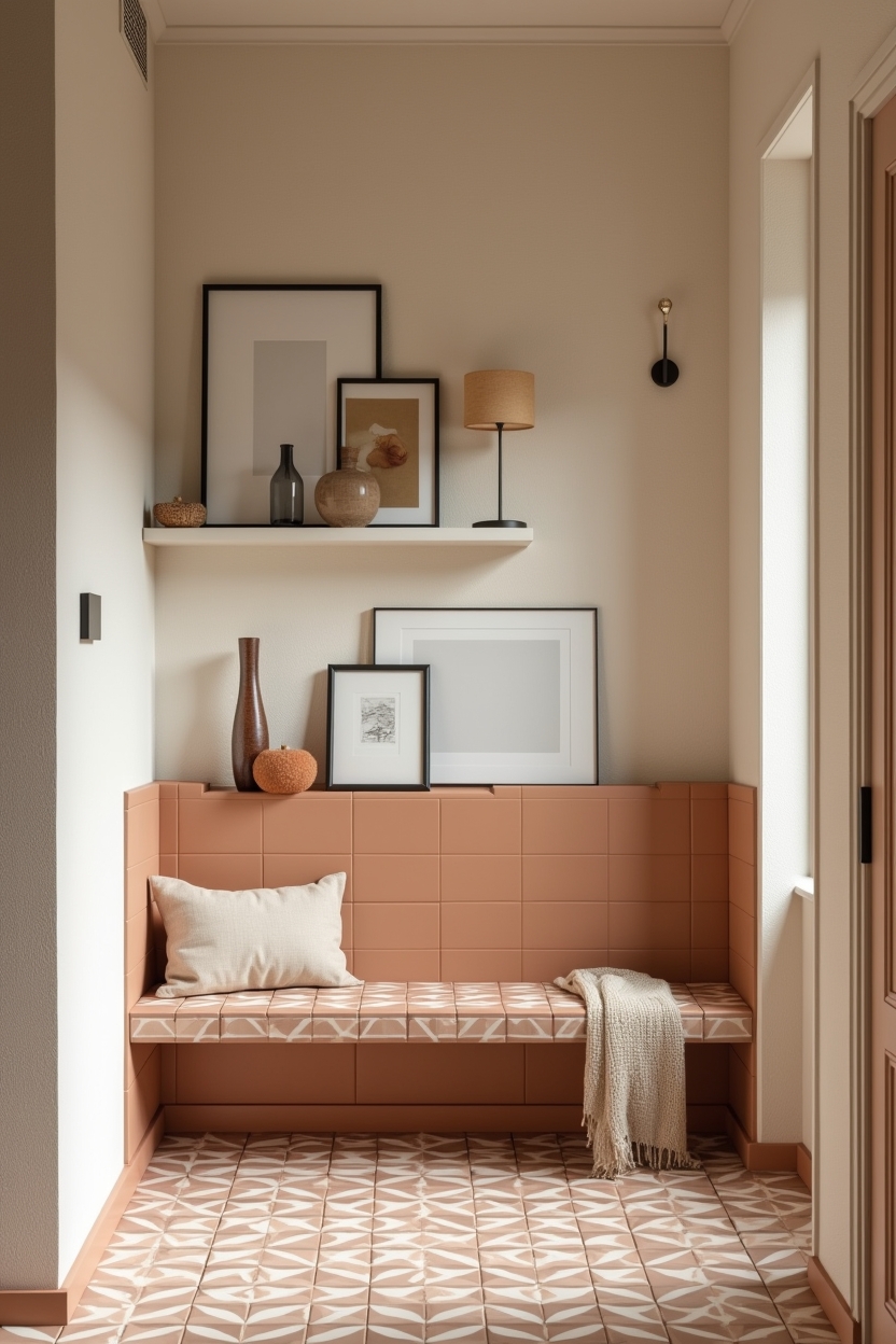 spring fresh entryway bench ideas — tiled bench seat with bold matte ceramic tiles featuring backsplash_trend