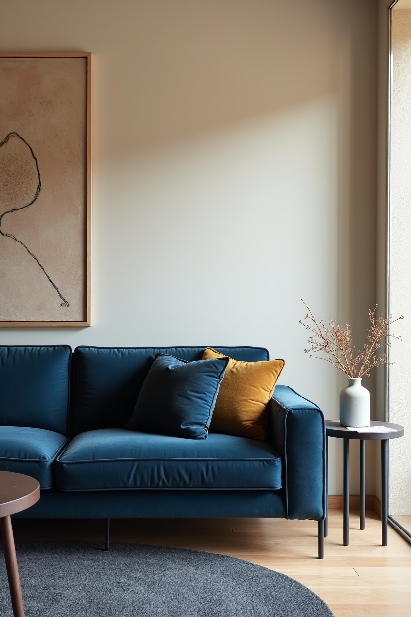 saturated ink-blue velvet sofa home decor