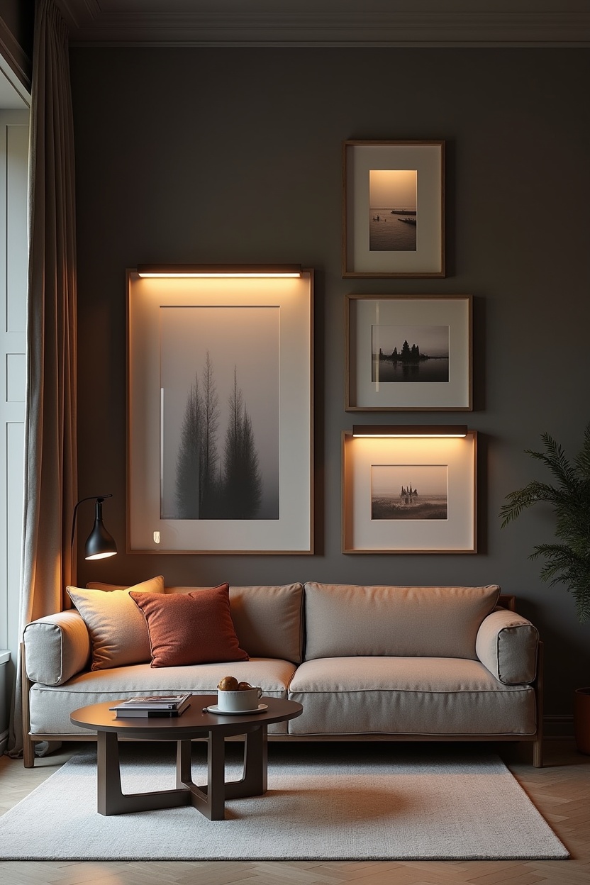 smoky glass gallery wall with backlit prints home decor