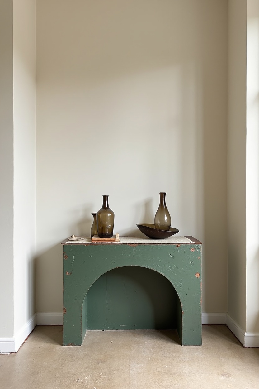 moss-green arched console with wabi-sabi patina home decor