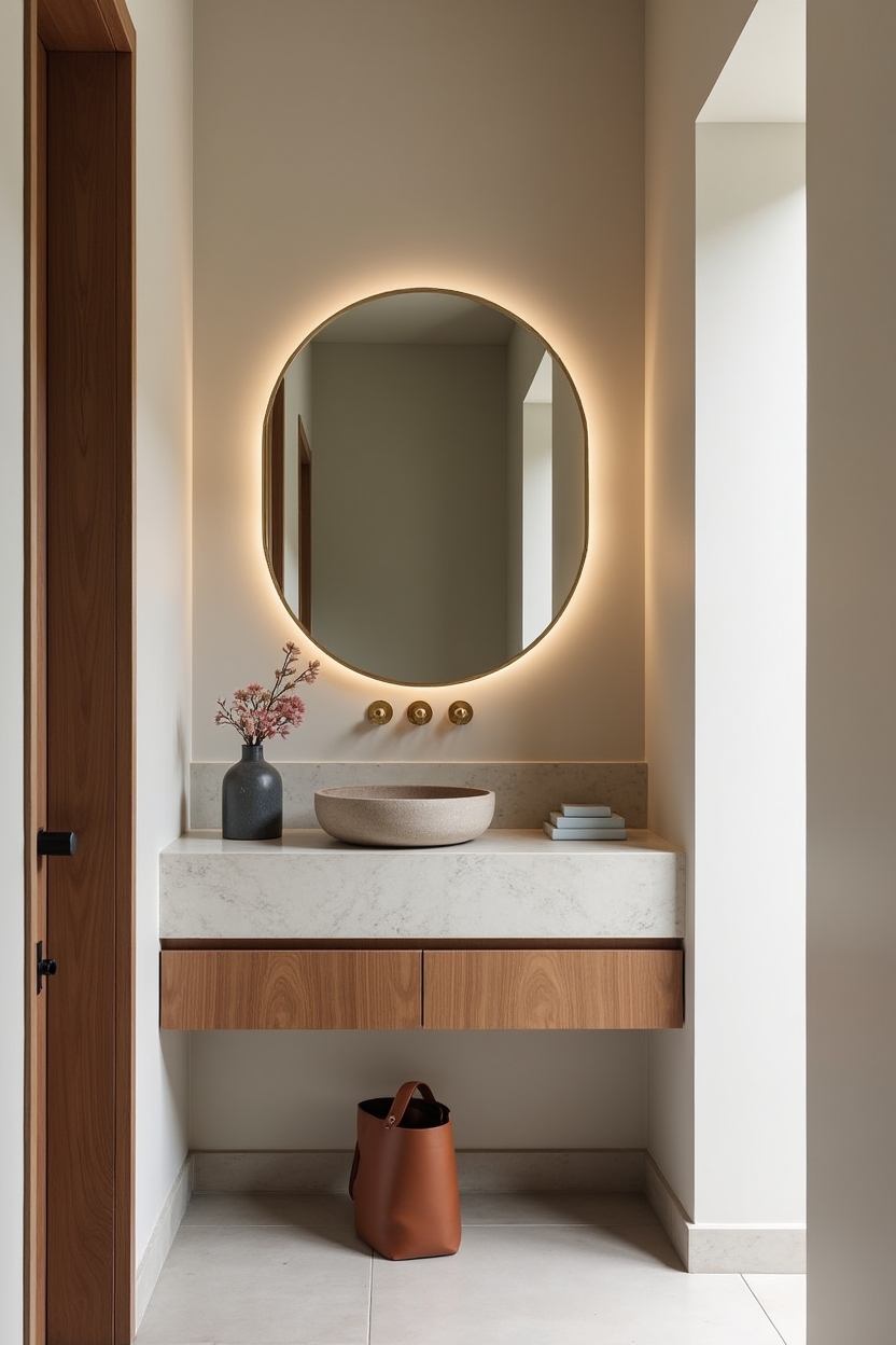 quiet luxury entryway mirror ideas — thin LED halo mirror recessed in niche featuring LED halo inset mirror