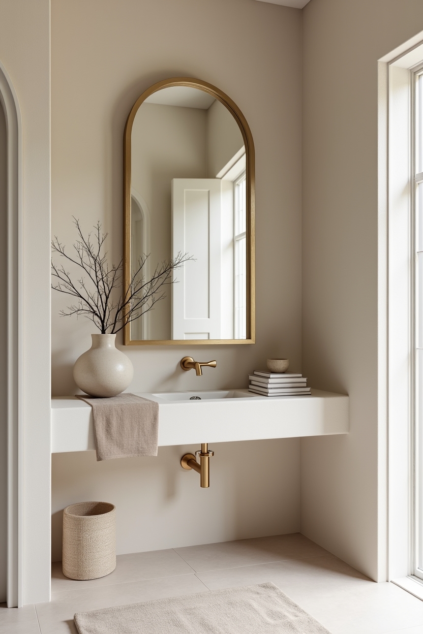 quiet luxury entryway mirror ideas — arched brass-framed mirror featuring oversized arched brass mirror