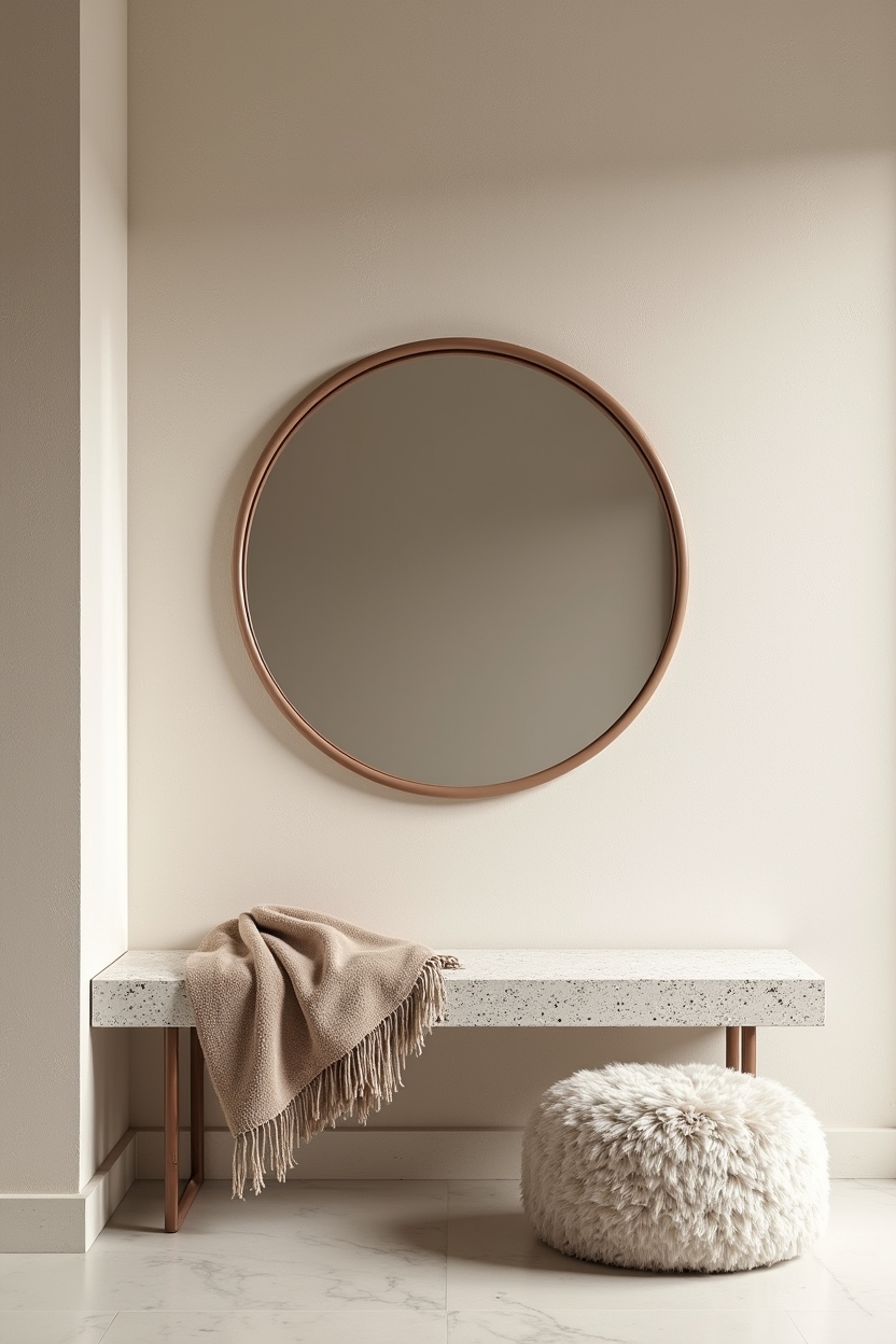 quiet luxury entryway mirror ideas — inset oval mirror set flush in pebble plaster featuring pebble-textured plaster accent wall with inset mirror
