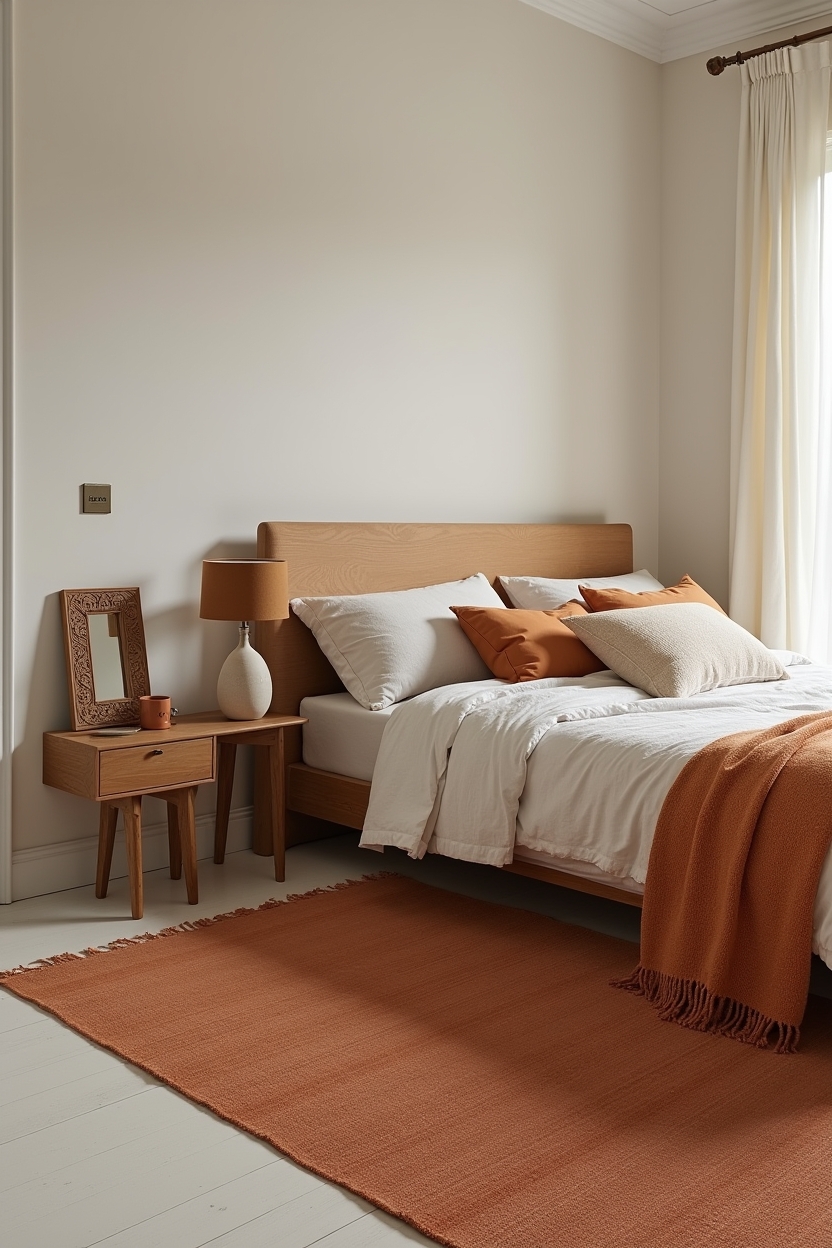 oversized ochre kilim rug anchoring the bed home decor