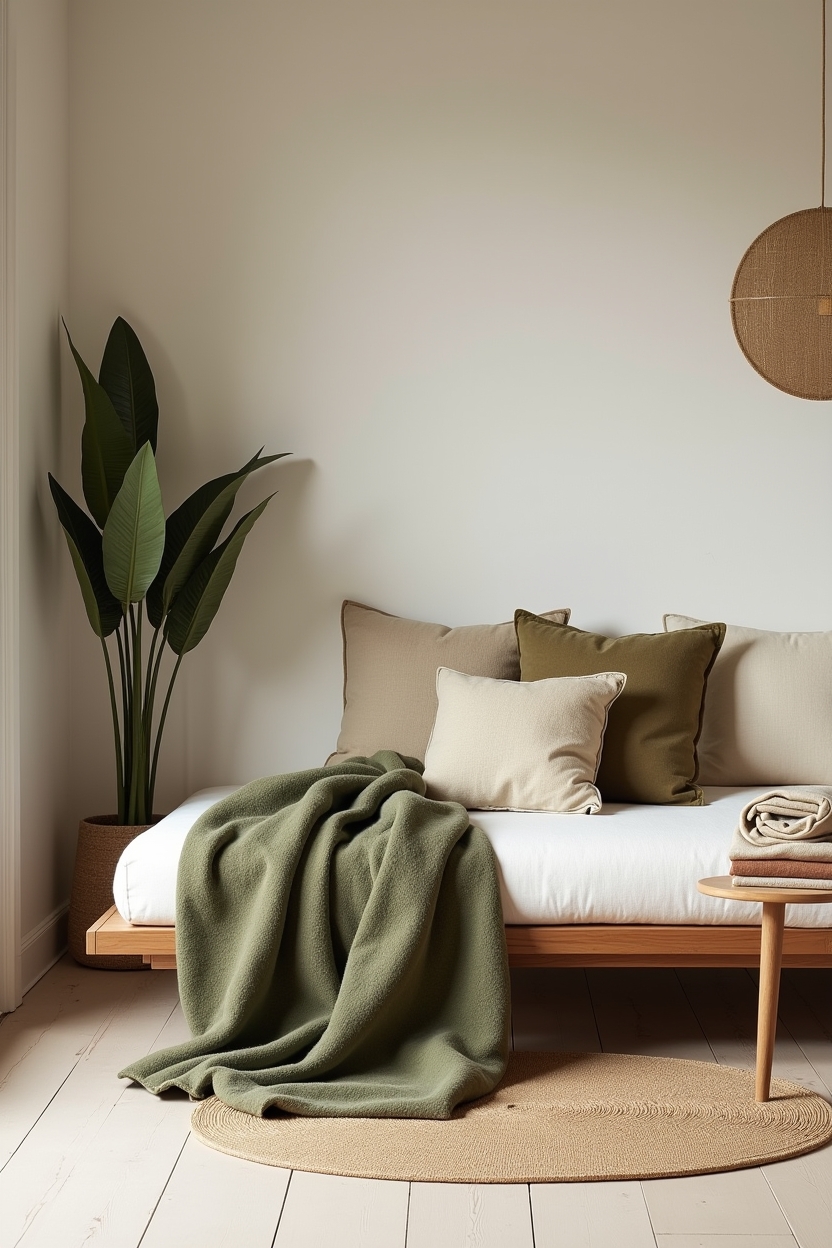 layered outdoor textiles in moss and oatmeal tones home decor