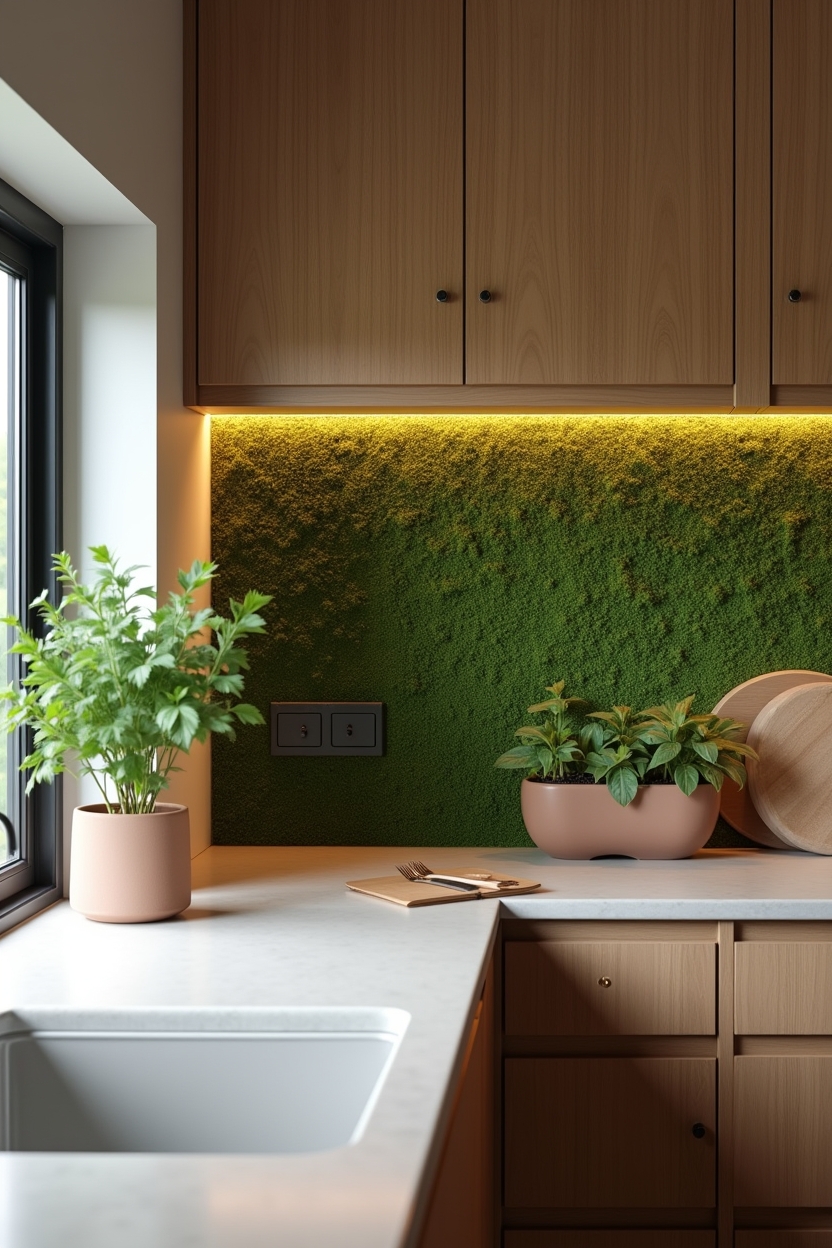 biophilic moss-backed recessed niche with warm backlighting home decor