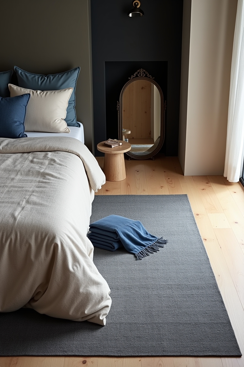 layered tatami-style rug over charcoal wool rug home decor
