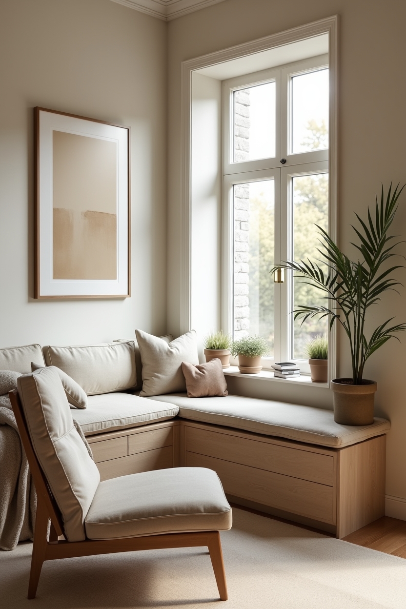 built-in biophilic window bench with skylight shelf home decor