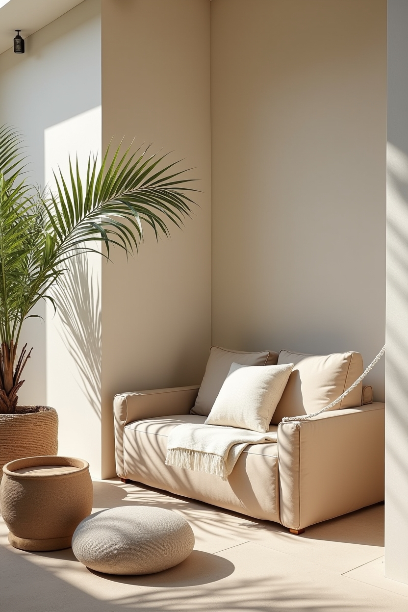 soft luxury cozy patio decor — sun-bleached linen hammock hung from polished brass hooks featuring linen hammock with brass hardware