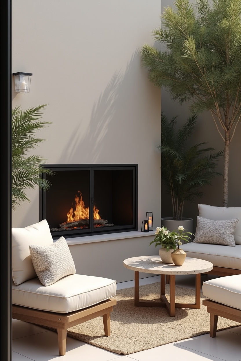 soft luxury cozy patio decor — rectangular dark-metal framed fireplace with smoked-glass doors featuring framed rectangular fire feature with smoked-glass detailing