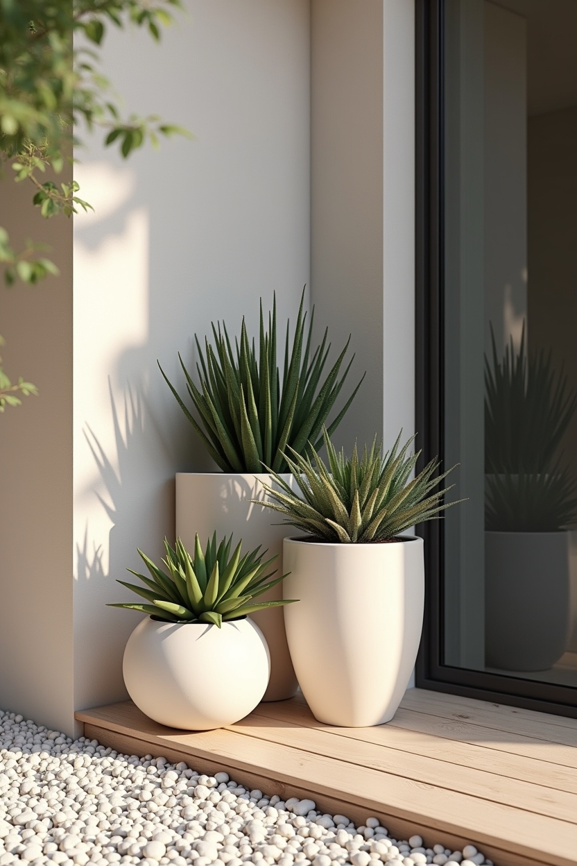soft luxury cozy patio decor — three almond-toned matte planters clustered together featuring monochrome planter trio in graduated heights