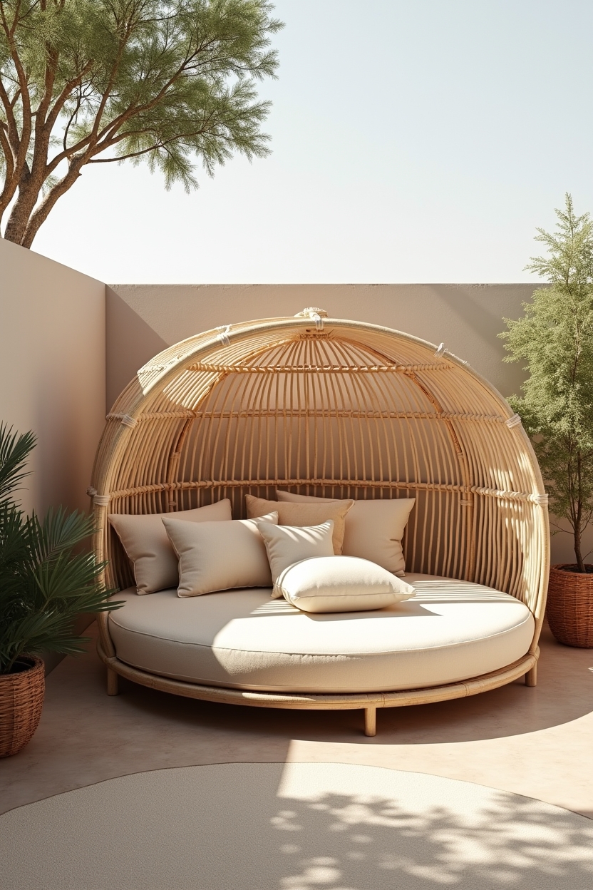 soft luxury cozy patio decor — round rattan daybed with velvet trim featuring velvet-trimmed rattan daybed