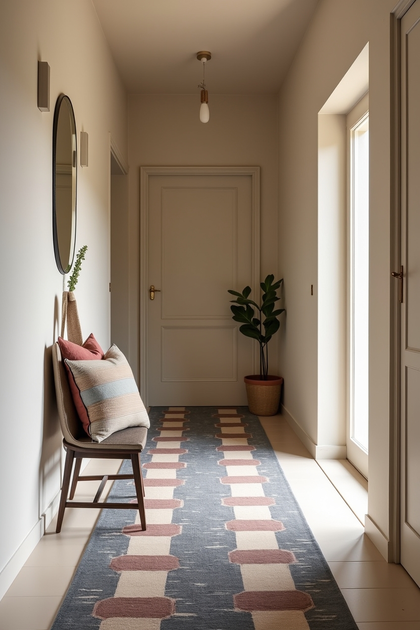 seasonal entryway runner ideas — checkerboard runner (small-scale checks) featuring narrow checkerboard graphic runner & upcycled denim tactile details