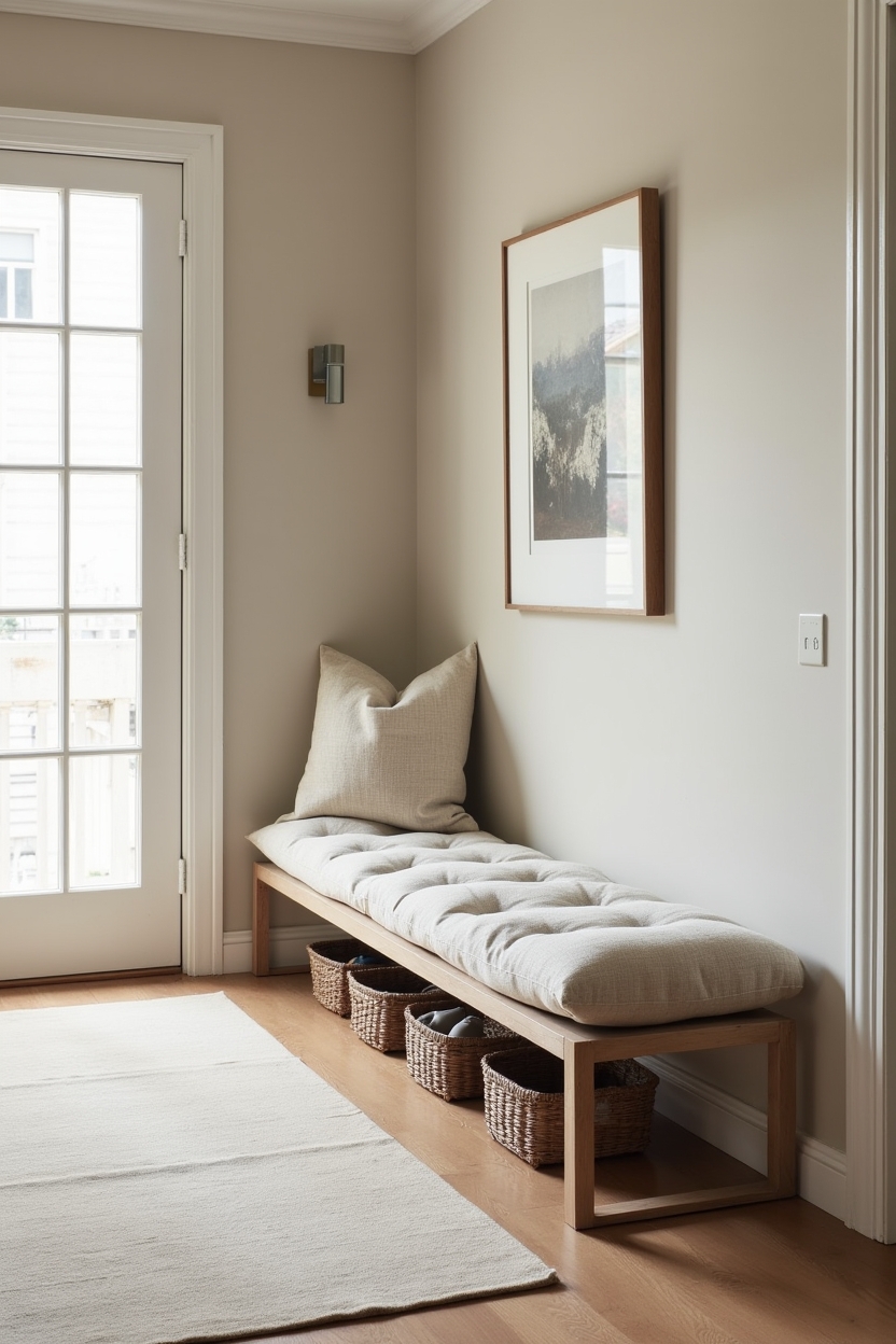 seasonal entryway runner ideas — tufted runner/bench pad (visible tuft depth) featuring oversized tufted runner used as bench pad and shoe zone