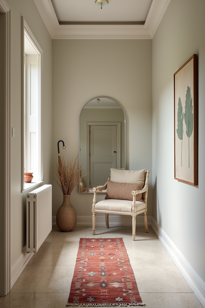 seasonal entryway runner ideas — mini kilim runner (narrow, saturated reds) featuring layered narrow kilim over terrazzo-effect tile & sheer ombré overlay