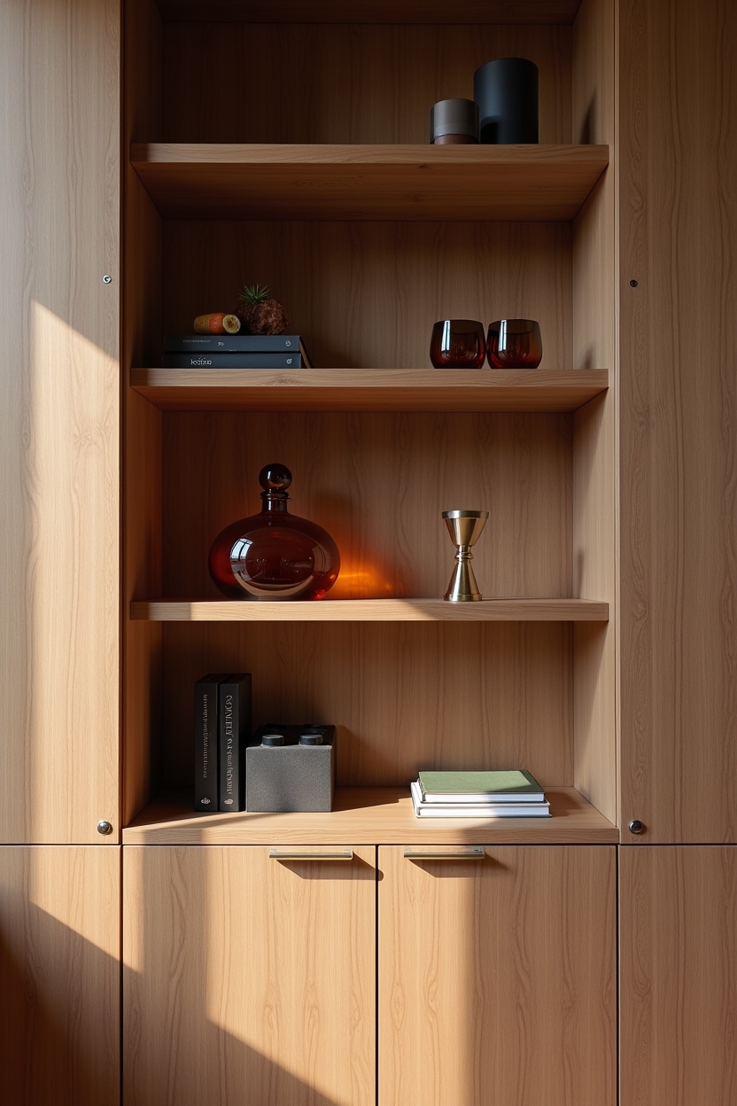 earth tone luxury home bar decor — amber_blown-glass_decanter featuring open_walnut_shelving