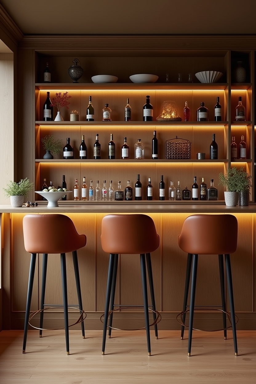earth tone luxury home bar decor — row_of_cognac_leather_seats featuring two-tone_leather_velvet_bar_stools
