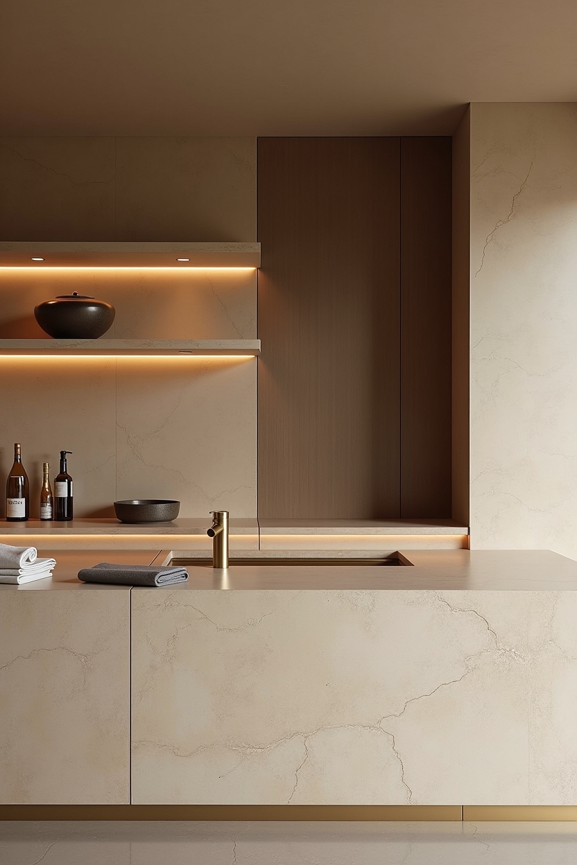 earth tone luxury home bar decor — sculptural_cocktail_bowl featuring honed_travertine_counter