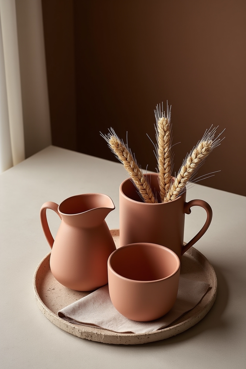 earth tone luxury home bar decor — hand-thrown_clay_pitcher featuring monochrome_clay_cocktail_set