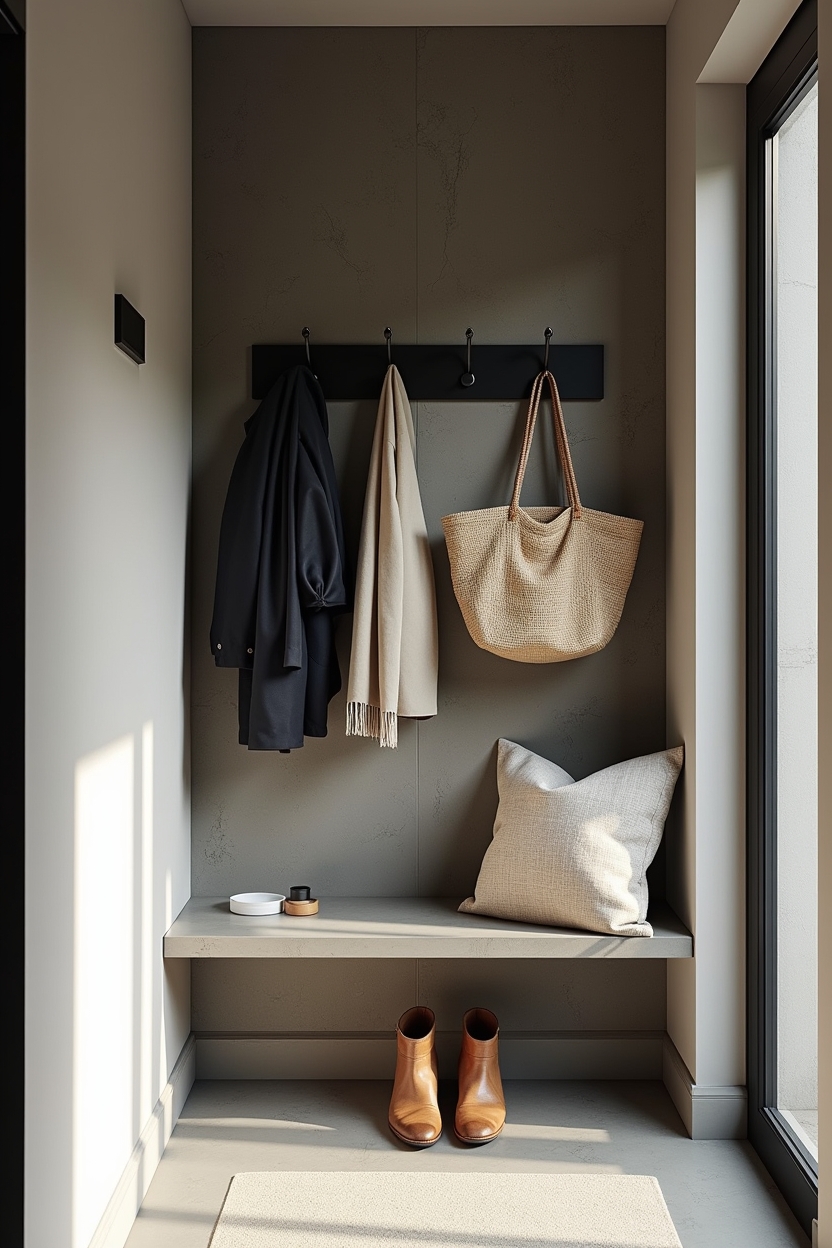 soapstone narrow entryway ideas — matte-black peg rail featuring full-height honed soapstone accent wall