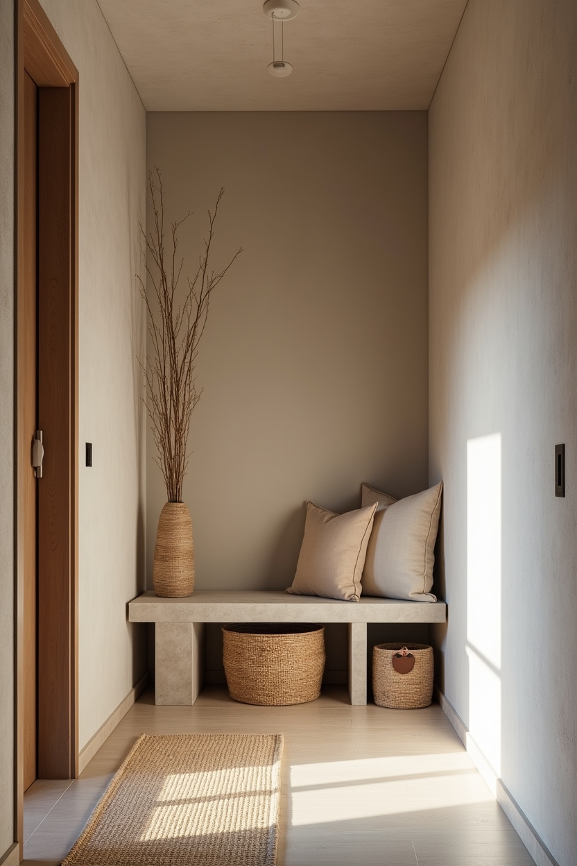 soapstone narrow entryway ideas — low soapstone-topped bench featuring soapstone-topped bench with woven seating