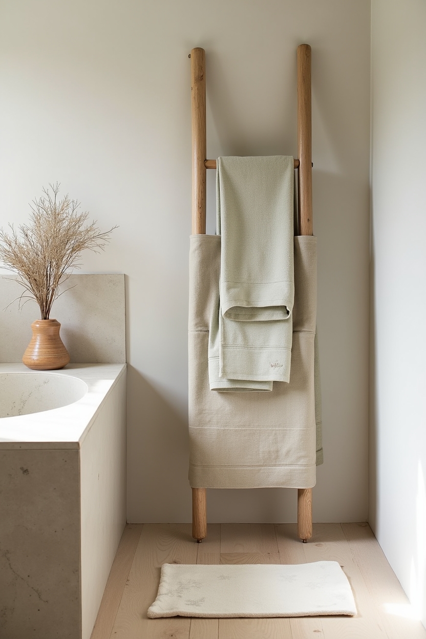linen luxury bathroom ideas — tall linen-wrapped towel ladder leaning against wall featuring linen-wrapped towel ladder