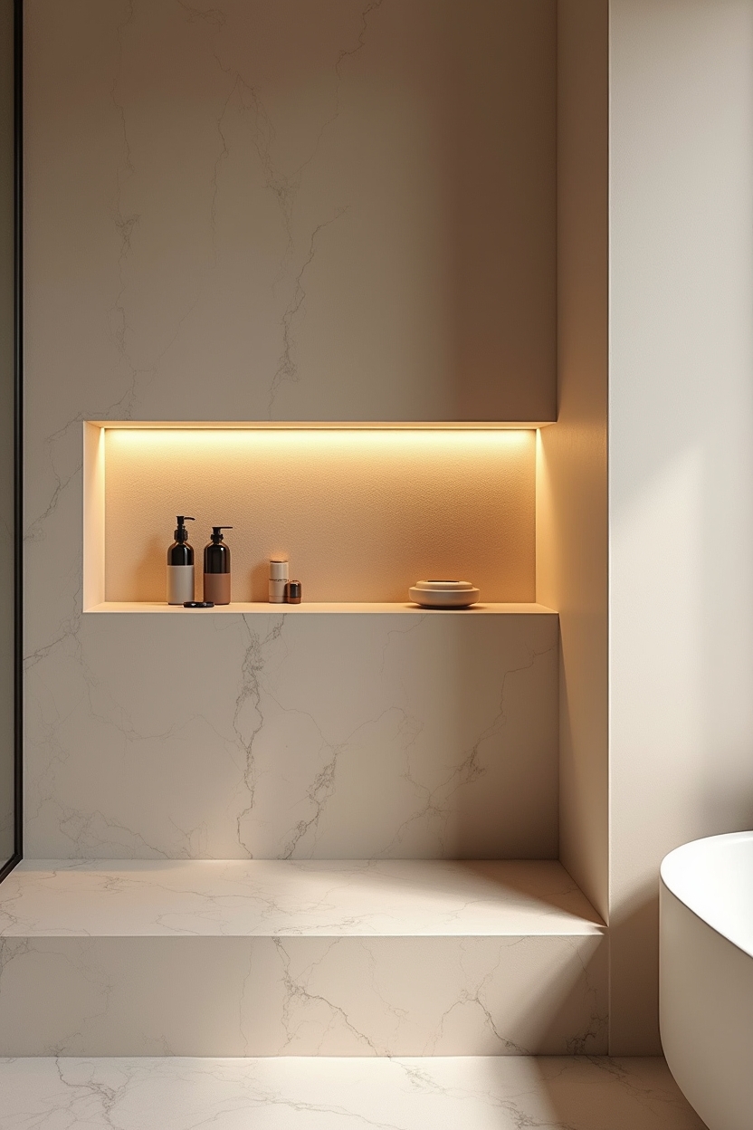 linen luxury bathroom ideas — recessed shower niche featuring champagne linen lining and top LED strip featuring linen-lined recessed shower niche with warm LED