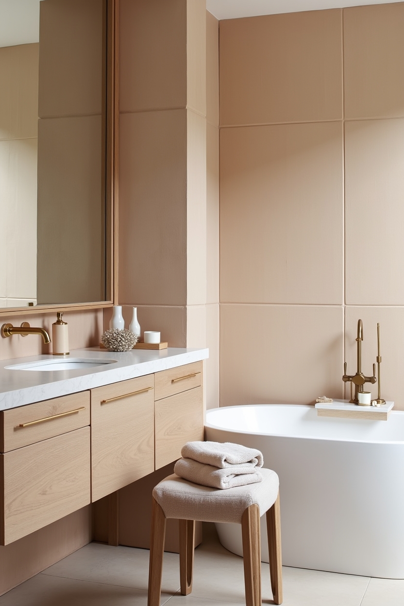 linen luxury bathroom ideas — linen-upholstered stool beside tub with honed marble tray featuring peach-beige linen wall panels behind mirror