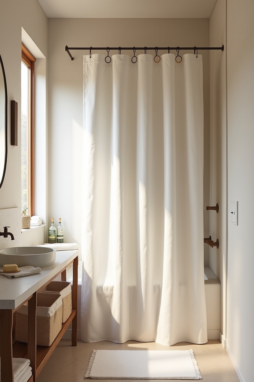 linen luxury bathroom ideas — raw linen shower curtain with oversized matte brass grommets featuring raw linen shower curtain