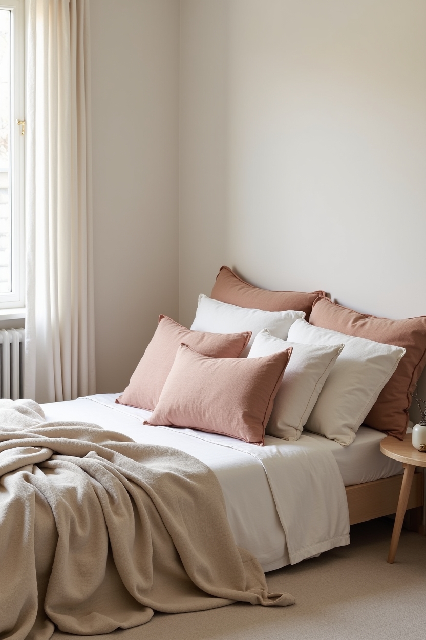 sculptural linen pillow gradient arrangement from deep clay to pale bone across five to seven pillows home decor