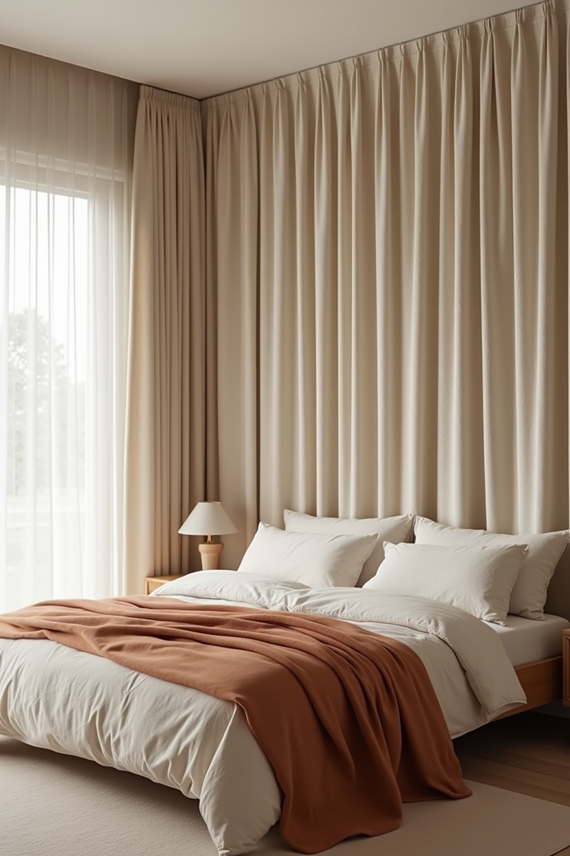 floor-to-ceiling linen curtain panels spanning the full wall behind the bed home decor